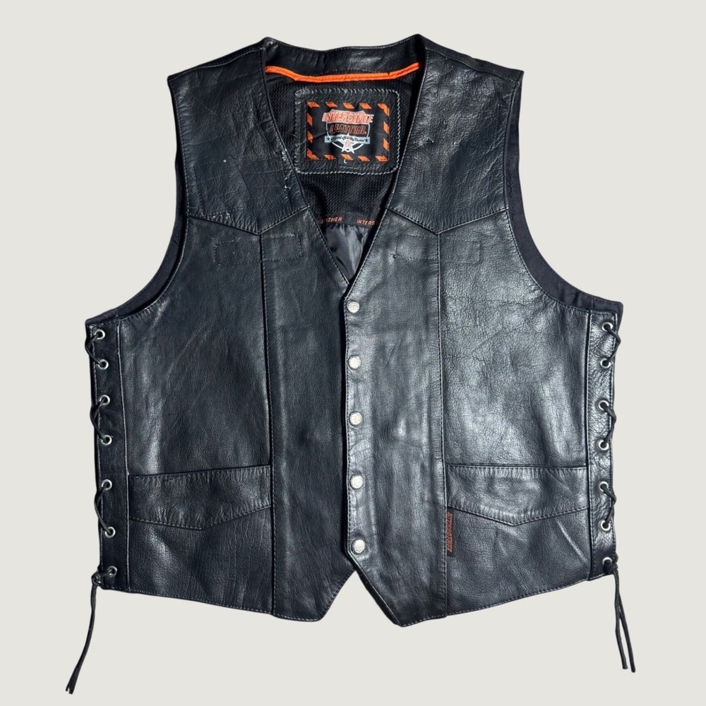 Interstate Leather Mens Black Biker Vest Real Leather Lace Up Side Snap Front L